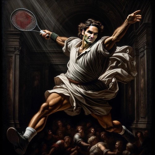 An AI generated painting in the style of master painter Caravaggio, of Roger Federer, tennis master, wearing Romanesque robes, leaping through the air to smash a ball we can’t see. 