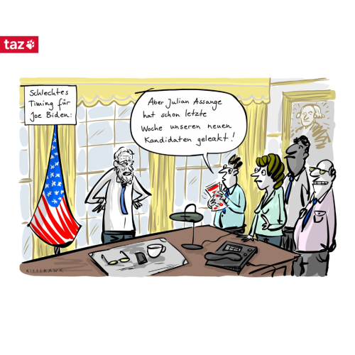 Die Karikatur trägt die Überschrift "Schlechtes Timing für Joe Biden". Zu sehen ist ein alter Mann im Oval Office. Ihm steht ein Team gegenüber: "Aber Julian Assange hat schon letzte Woche unseren neuen Kandidaten geleakt!"