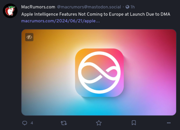 Post from MacRumors. "Apple Intelligence Features Not Coming to Europe at Launch Due to DMA"