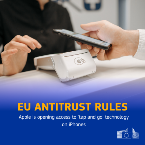 A visual showing a Phone tapping onto a POS payment terminal. Underneath a text is superimposed: "EU antitrust rules - Apple is opening access to 'tap and go' technology on iPhone."