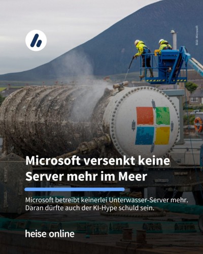 Auf dem Bild sieht man zwei Männer mit Hochdruckreinigern, die einen Microsoft-Container reinigen.

In der Überschrift steht: "Microsoft versenkt keine Server mehr im Meer" dadrunter steht "Microsoft betreibt keinerlei Unterwasser-Server mehr. Daran dürfte auch der KI-Hype schuld sein."