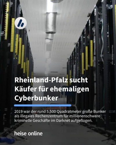 Im Bild sieht man mehrere Server in einem Raum stehen.

In der Überschrift steht: "Rheinland-Pfalz sucht  Käufer für ehemaligen Cyberbunker" dadrunter steht "2019 war der rund 5.500 Quadratmeter große Bunker als illegales Rechenzentrum für millionenschwere kriminelle Geschäfte im Darknet aufgeflogen."

