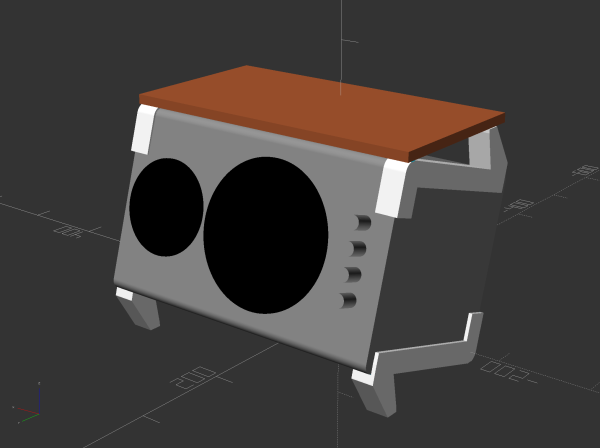 Rendering of an audio monitor on its side, tilted by a few degrees. It stands on a pair of encompassing legs. A second pair of legs on top hold a brown rectangular cube, putting it back to being horizontal 