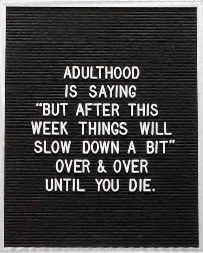 Adulthood is saying "but after this week things will slow down a bit" over and over until you die.