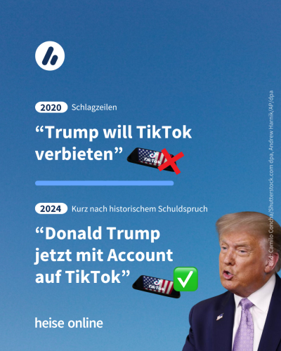 Auf dem Bild sieht man zwei Schlagzeilen gegenübergestellt. Zum einen eine aus 2020: “Trump will TikTok verbieten”, darunter eine aktuelle von heute: “Donald Trump jetzt mit Account auf TikTok”