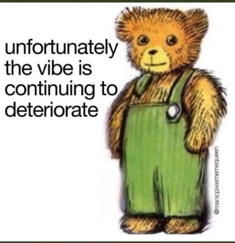 Still image. Corduroy, a cartoon stuffed bear in rough-hewn overalls. Text to the left reads:
unfortunately
the vibe is 
continuing to
deteriorate 