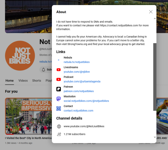 Screenshot of the NotJustBikes YouTube channel, with the "About" section open.