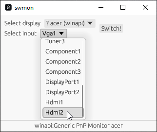 Picture of swmon GUI window, showing two comboboxes on the left to choose a monitor and monitor input type to switch to.

The mouse hovers over the "HDMI 2" selection to the input combobox. A "Switch!" button is on the right, which actually performs the monitor switch. Information on the current selected monitor is provided in a small bottom panel.