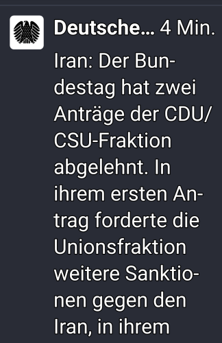 Der Account Deutsche Bundestag berichtet: Iran: der Bundestag hat zwei Anträge der CDU csu-fraktion abgelehnt. In ihrem ersten Antrag forderte die unionsfraktion weitere Sanktionen gegen den Iran.