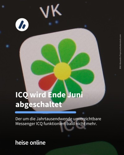 Auf dem Bild sieht man das ICQ-Logo. Die Überschrift lautet: ICQ wird Ende Juni abgeschaltet. Darunter steht: Der um die Jahrtausendwende unverzichtbare Messenger ICQ funktioniert bald nicht mehr. 