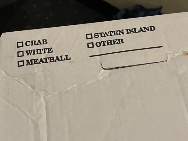 Pizza box flap with five checkboxes for crab, white, meatball, Staten Island, and other 