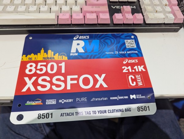 Running race bib with 8501 runner number on it (and xssfox as the name)