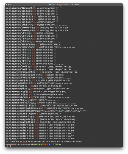 a terminal window with a small font full of errors when running 'ruff src' over Twisted