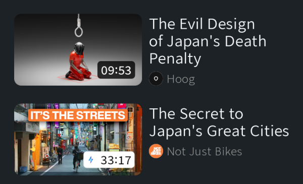 Two consecutive videos on Nebula with titles that read "The Evil Design of Japan's Death Penalty" "The Secret to Japan's Great Cities" 