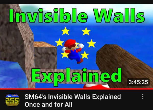 Screenshot of "pannenkoek2012" video "invisible walls explained" titled "sm64's invisible walls explained once and for all" running almost 4 hours