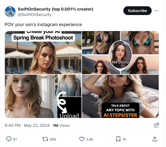 Screen shots from Instagram of AI generated young women used to advertise ‘photo editing’ apps