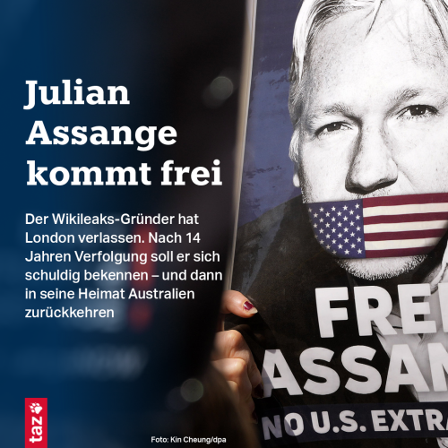 Das Bild zeigt ein Free-Assange-Plakat. Dazu der Text:  Slide 1: Groß: Julian Assange kommt frei. Klein: Der Wikileaks-Gründer hat London verlassen. Nach 14 Jahren Verfolgung soll er sich schuldig bekennen - und dann in seine Heimat Australien zurückkehren
