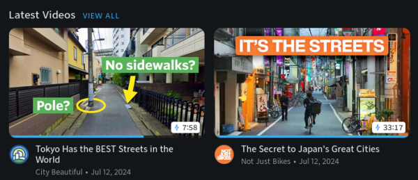 Screenshot from Nebula.tv, showing two videos, one from CityBeautiful one from Not just Bikes. Both are about how awesome small, narrow streets in Japan are.