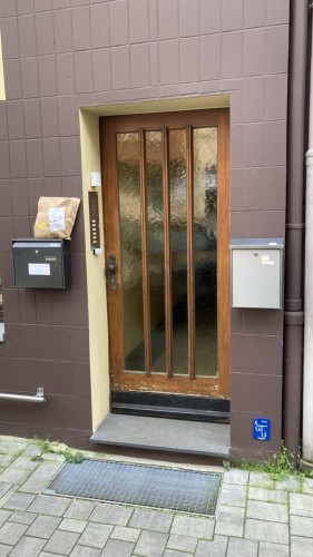 Eine Haustür mit Briefkästen links und rechts und auf einem Briefkasten liegt ein amazon-Paket
