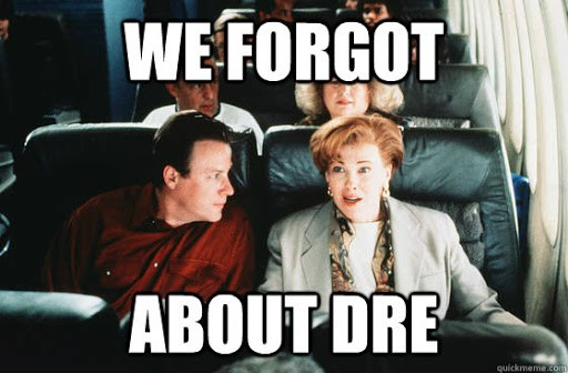 Still image. Screen capture of a Home Alone film with John Heard as Peter McCallister and Catherine O'Hara as Kate McCallister, seated in large chairs, Kate mid-gasp as they realize something. 

Top text: WE FORGOT
Bottom text: ABOUT DRE