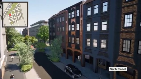 a still from video of a 3D render of a pleasant looking mid-rise development, in the bottom right corner we see that this is Birch Street. there's (presumably) birch trees either side of a street that's not very busy. two people on the left, one parked car on the right. The righthand side buildings are exposed redbrick. the bottom floor is has arches, that provide shelter for pedestrians from the rain (this is Ireland), but allow them to freely cross in and out of it