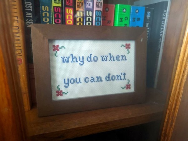 Still image. Framed cross stitch with flowers in all corners that reads:

why do when
you can don't