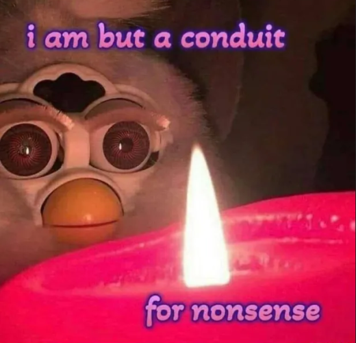 Still image. Furby looking at a burning candle, tight focus. 

Pink and purple text:
i am but a conduit

for nonsense 