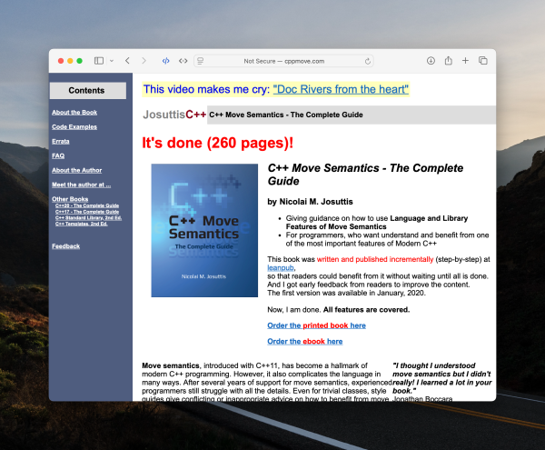 This is the homepage for the "C++ move semantics, the complete guide" book at cppmove.com which is not served over HTTPS, and says that it was first published in January of 2020 but the page honestly looks like 1995.