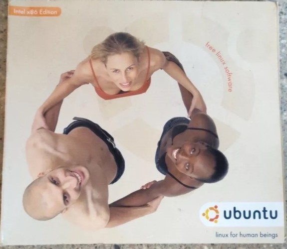 Ubuntu CD case showing top down photo of woman in bra and topless man