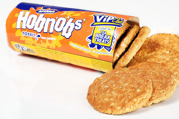 a packet of McVitie's Hobnobs biscuits, which are oatmeal cookies