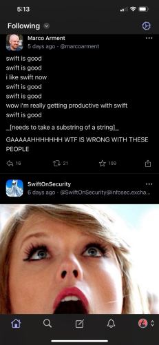 Post about the frustations coding in Swift with Taylor Swift reaction image post below it