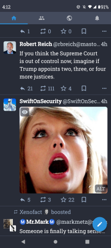 Screenshot:  Through timeline magic, Taylor Swift appears to be reacting with alarm to a post by Robert Reich saying If you think the Supreme Court is out of control now, imagine if Trump appoints two, three, or four more justices