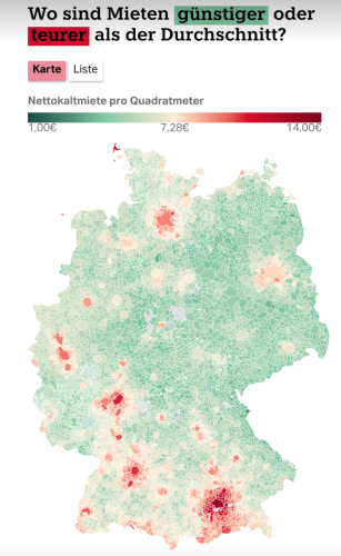 Eine Deutschlandkarte zeigt, wo Mieten besonders hoch sind