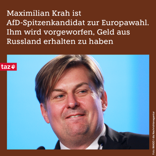 Die Zeile: Maximilian Krah ist AfD-Spitzenkandidat zur Europawahl. Ihm wird vorgeworfen, Geld aus Russland erhalten zu haben. Dazu ein Foto von Maximilian Krah, auf dem er sich gierig auf die Lippen beißt. 