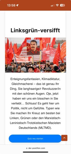 Screenshot of a webpage with a headline in German text: "Linksgrün-versifft". Below is an image of a crowd holding red flags and a portrait. Additional German text and a blue button for restarting a quiz are present at the bottom.
