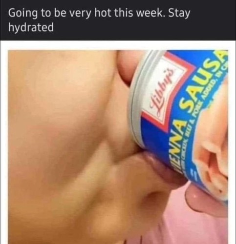 Still image. Top text:
Going to be very hot this week. Stay
hydrated

Image of someone drinking the dog water from a can of vienna sausages. 