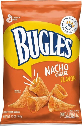 A bag of nacho cheese flavored Bugles, which are horn shaped corn chips 