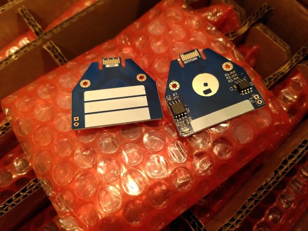 Two small blue and white circuit boards with an edge connector and one tapered end. They resemble a quarter scale floppy disk.