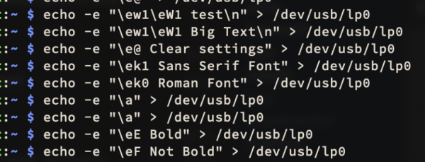 Screenshot of bash command line console, with multiple echo commands, all with escape sequences, testing things like Big Text, Clear Settings, Sans Serif Font, Roman Font, Bold, Not Bold.