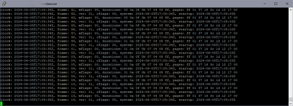 An ssh terminal window containing many rows of comma delimited text containing UTC datestamps and various hexadecimal values