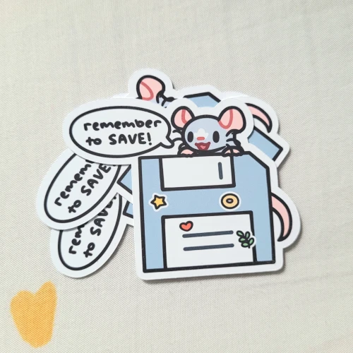 sticker of a rat perching atop a floppy disk covered in stickers. the rat says, remember to SAVE!
