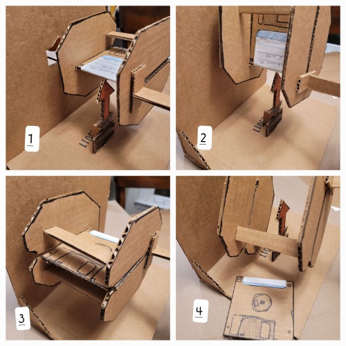 Cardboard model with cardboard floppy mock-up demonstrates the four numbered steps described in the post. A cardboard arrow from a cardboard "camera" shows the distance to the floppy label.