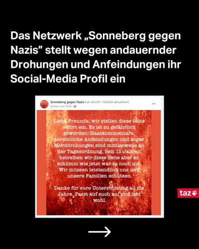 Das Netzwerk „Sonneberg gegen Nazis” stellt wegen andauernder Drohungen und Anfeindungen ihr Social-Media Profil ein. Screenshot Facebook-Seite: Sonneberg gegen Nazis