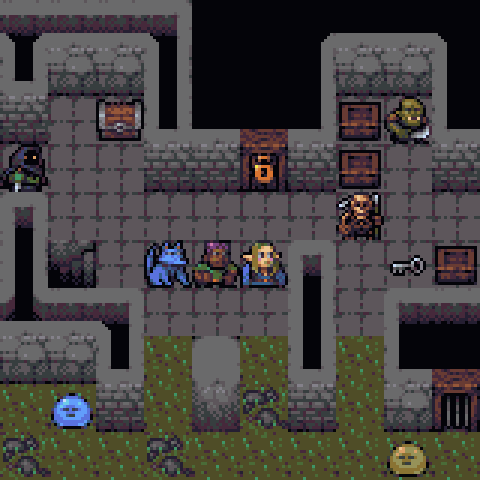 pixelart image of a dungeon with slime monsters, orc, assassin, a locked door, some chests and crates, and three characters - elf, human and wolf - walking through it