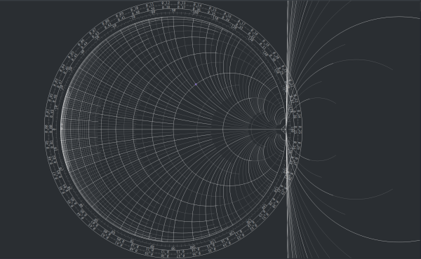 A screenshot of a Smith chart with some of the arcs exploding out the back off into infinity
