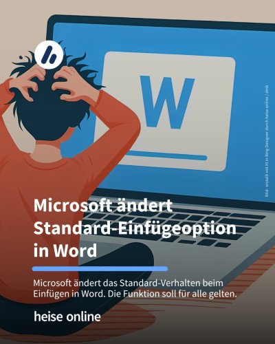 Auf dem KI-generierten Bild sieht man Eine Person, die vor einem großen Laptop vor Word sitzt und sich die Haare rauft. Die Überschrift lautet: Microsoft ändert Standard-Einfügeoption in Word. Darunter steht: Microsoft ändert das Standard-Verhalten beim Einfügen in Word. Die Funktion soll für alle gelten.