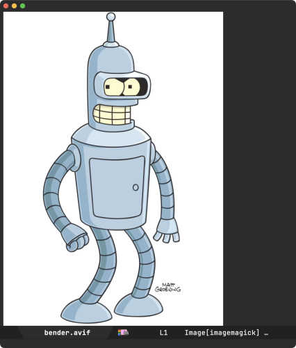 Emacs editor displaying a photo of Bender the robot, a fictional character from the animated television series "Futurama".