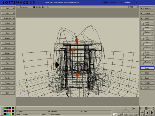 a 3D editor showing part of Riven, in wireframe. It's similar to the previous image, with more "normal" buttons, but still very complicated 