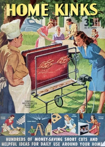 Magazine covers helpful tips for home owners. The cover shows a man barbecuing two chickens whole a woman watches