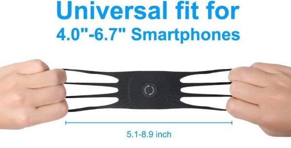 An ad saying a product is a "universal fit for 4.0"-6.7" smartphones". Below it there's some stretchy plastic being pulled apart wide by two hands, looking suspiciously goatse.cx-esque
